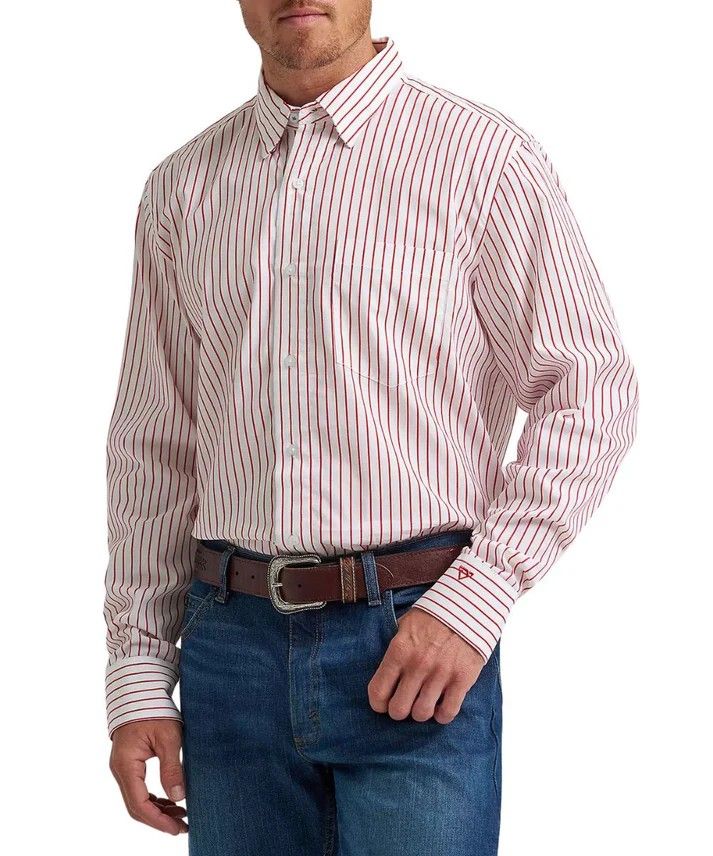 WRANGLER MEN'S LONG SLEEVE CODY JOHNSON STRIPED CLASSIC FIT BUTTON SHIRT - WHITE