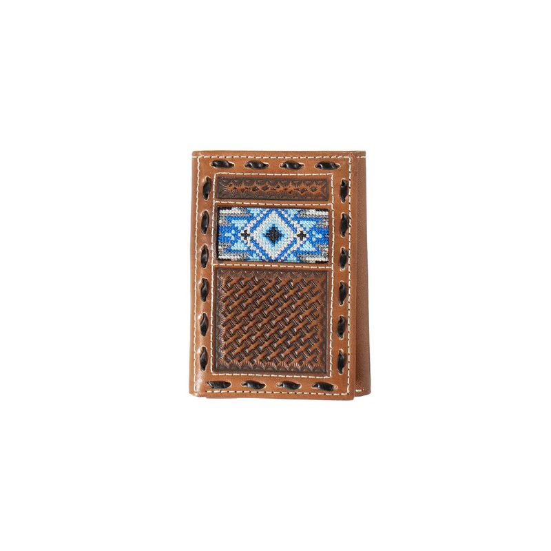 3D MEN'S TRIFOLD WALLET - BROWN WITH BLUE DIAMOND INLAY