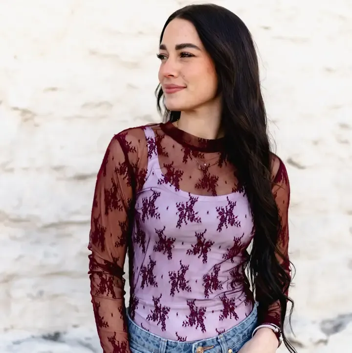 TURQUOISE HAVEN WOMEN'S LONG SLEEVE LACE SHIRT - WINE