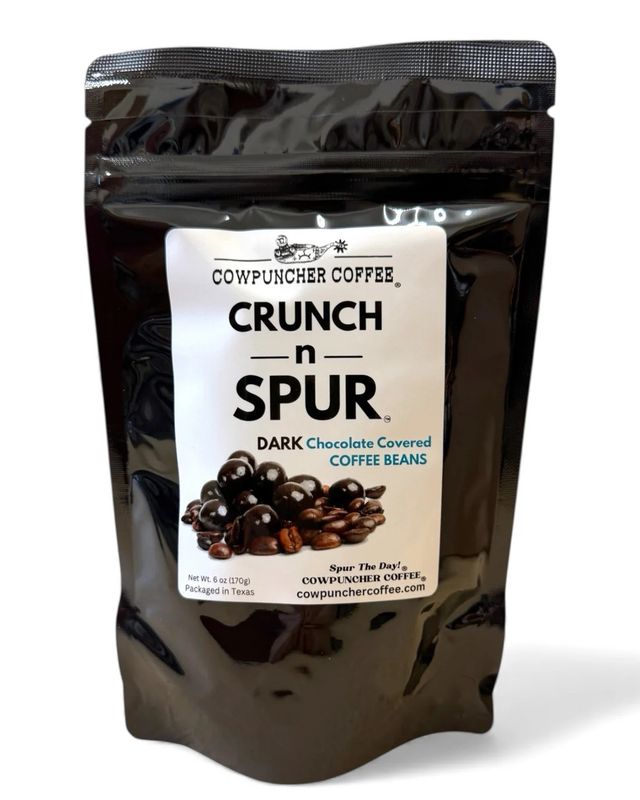 COWPUNCHER COFFEE "CRUNCH N SPUR" DARK CHOCOLATE COVERED COFFEE BEANS