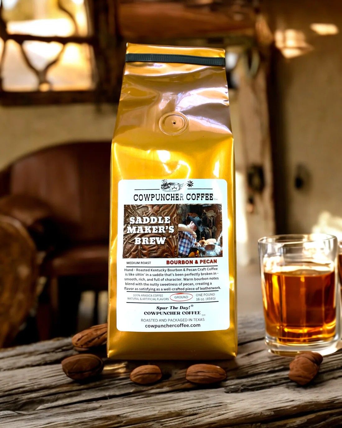 COWPUNCHER COFFEE "SADDLE MAKER'S BREW" GROUND MEDIUM ROAST COFFEE - BOURBON &amp; PECAN