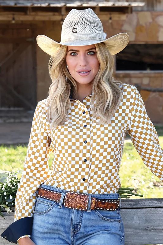 CRUEL DENIM WOMEN'S LONG SLEEVE CHECKERED PEARL SNAP SHIRT - GOLD