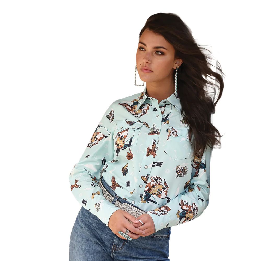CRUEL DENIM WOMEN'S LONG SLEEVE PEARL SNAP SHIRT - LIGHT BLUE