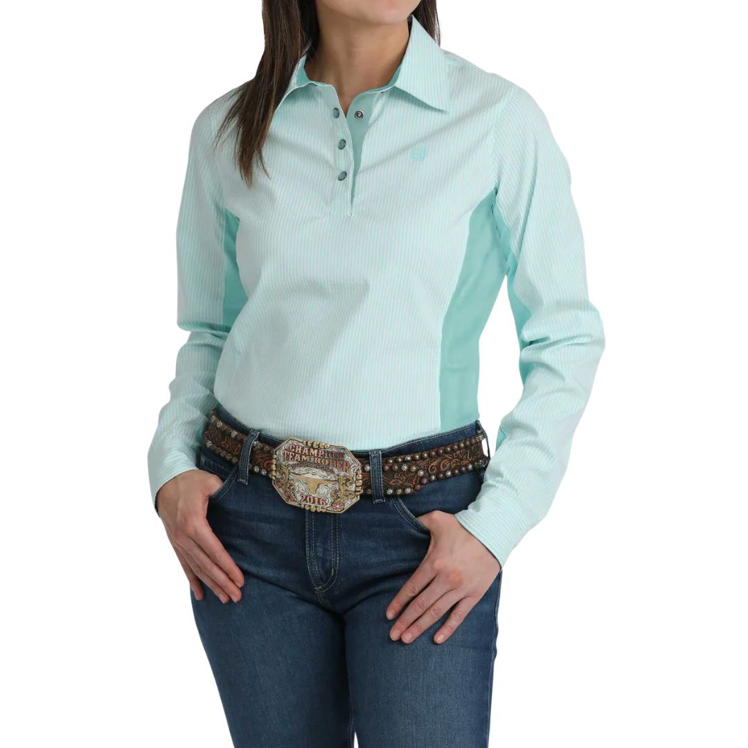 CINCH WOMEN'S LONG SLEEVE HYBRID QUARTER SNAP SHIRT - LIGHT BLUE