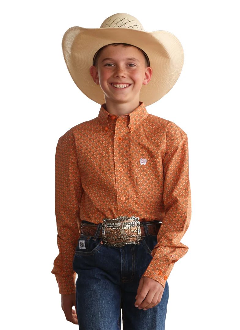 CINCH BOYS' LONG SLEEVE BUTTON SHIRT - ORANGE