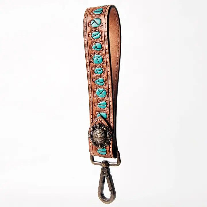 LS WESTERN LEATHER WRISTLET KEYCHAIN WITH TURQUOISE LACING - WESTERN CONCHO ACCENT