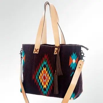 LS WESTERN SOUTHWESTERN WOOL TOTE WITH GEOMETRIC PATTERN NATURAL LEATHER STRAPS &amp; TASSEL