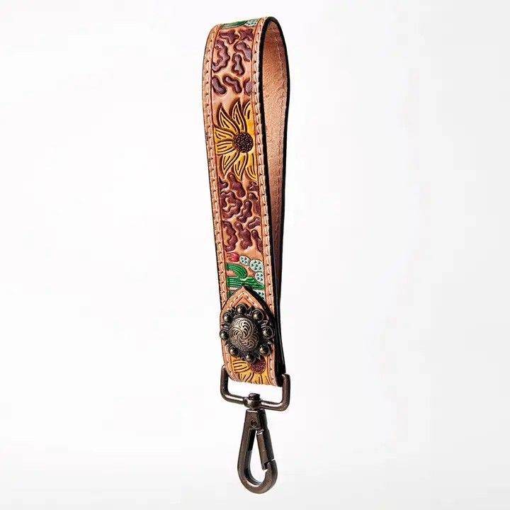 LS WESTERN HAND TOOLED SUNFLOWER LEATHER WRISTLET KEYCHAIN - PAINTED CACTUS &amp; WESTERN CONCHO