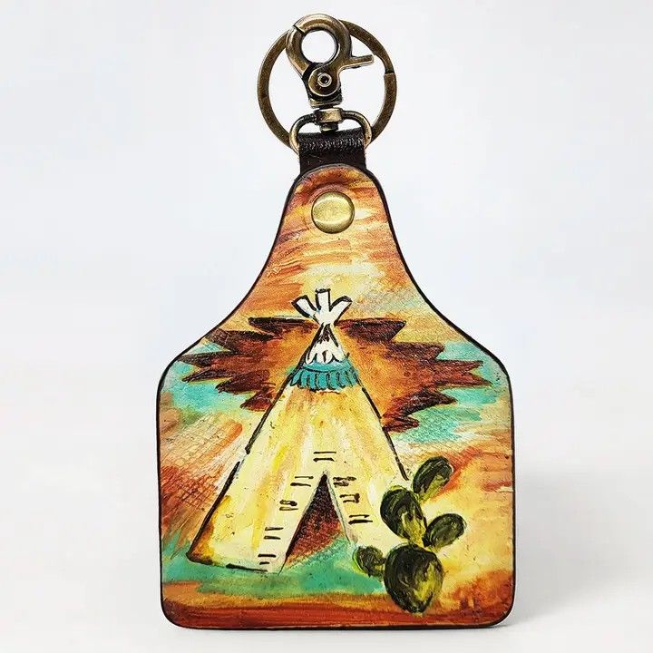 LS WESTERN HAND-PAINTED TIPI LEATHER KEYRING WESTERN TRIBAL LANDSCAPE ART