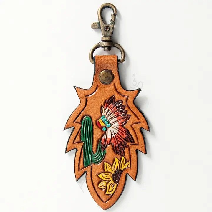 LS WESTERN TOOLED LEATHER KEYRING NATIVE HEADDRESS, CACTUS &amp; SUNFLOWER MOTIF