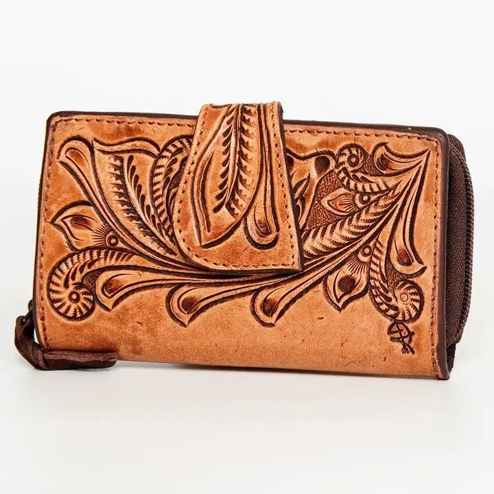 LS WESTERN HAND-TOOLED TAN LEATHER WESTERN WALLET - FLORAL CARVED BIFOLD WITH SNAP CLOSURE