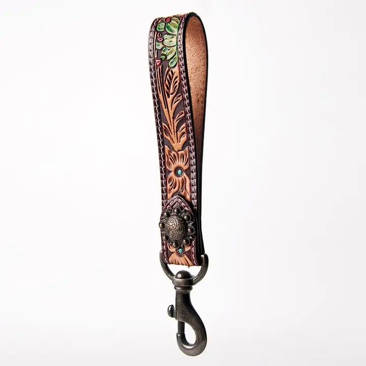 LS WESTERN HAND TOOLED LEATHER WRISTLET KEYCHAIN - FLORAL TOOLING WITH PAINTED ACCENTS &amp; CONCHO