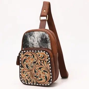 LS WESTERN TOOLED LEATHER &amp; COWHIDE SLING BAG WITH FLORAL FRONT POCKET AND WHIPSTITCH TRIM