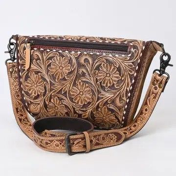 LS WESTERN AMERICAN DARLING HAND-TOOLED WESTERN LEATHER CROSSBODY BAG - FLORAL CARVED GENUINE LEATHER PURSE