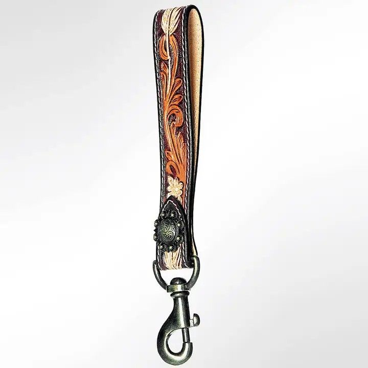 LS WESTERN HAND TOOLED LEATHER WRISTLET KEYCHAIN - TRI-TONE FLORAL SCROLL WITH WESTERN CONCHO