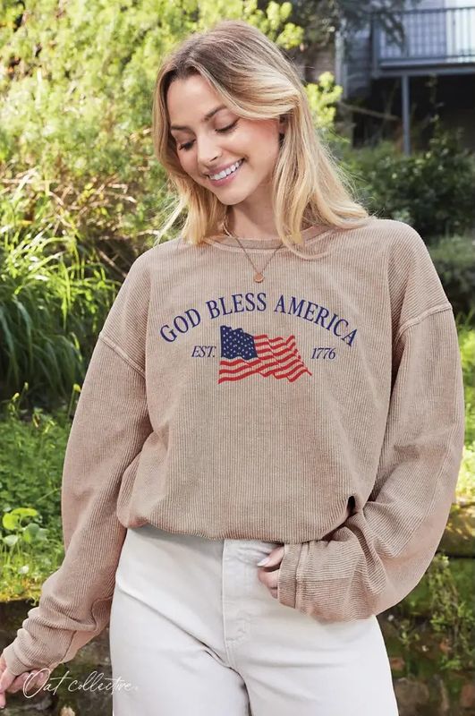 OAT COLLECTIVE GOD BLESS AMERICA THERMAL VINTAGE PULLOVER - LATTE