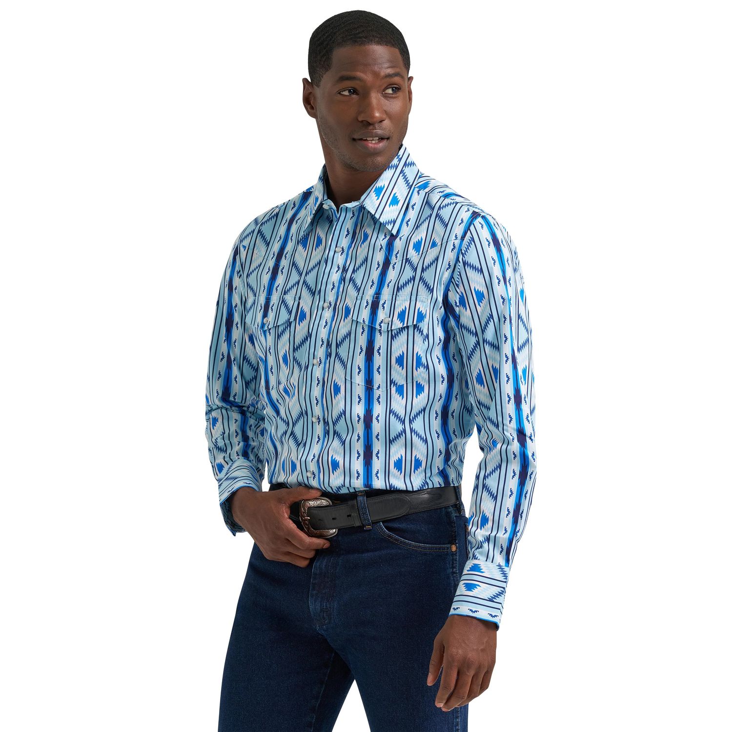 WRANGLER MEN'S CHECOTAH LONG SLEEVE PEARL SNAP SHIRT - BLUE