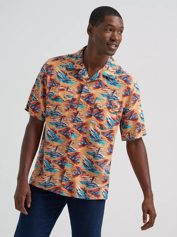 WRANGLER MEN'S SHORT SLEEVE COCONUT COWBOY PEARL SNAP SHIRT - ORANGE MULTI