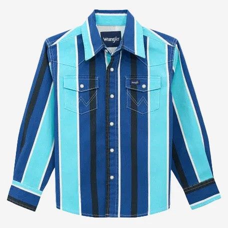 WRANGLER BOYS' LONG SLEEVE VINTAGE BRUSHPOPPER PEARL SNAP SHIRT - BLUE MULTI