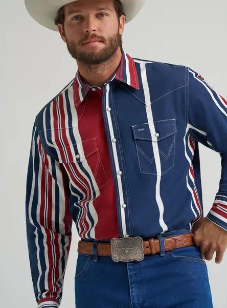 WRANGLER MEN'S LONG SLEEVE VINTAGE PEARL SNAP SHIRT - BLUE RED STRIPE