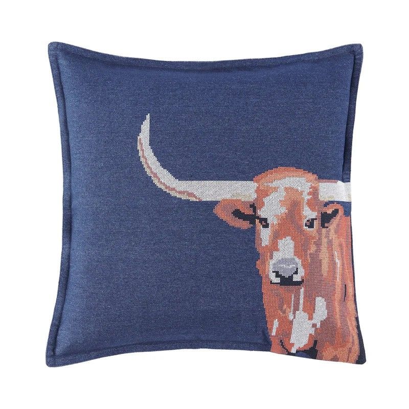 PASEO ROAD DENIM CROSS STITCHED EMBROIDERED LONGHORN 20"X20" PILLOW