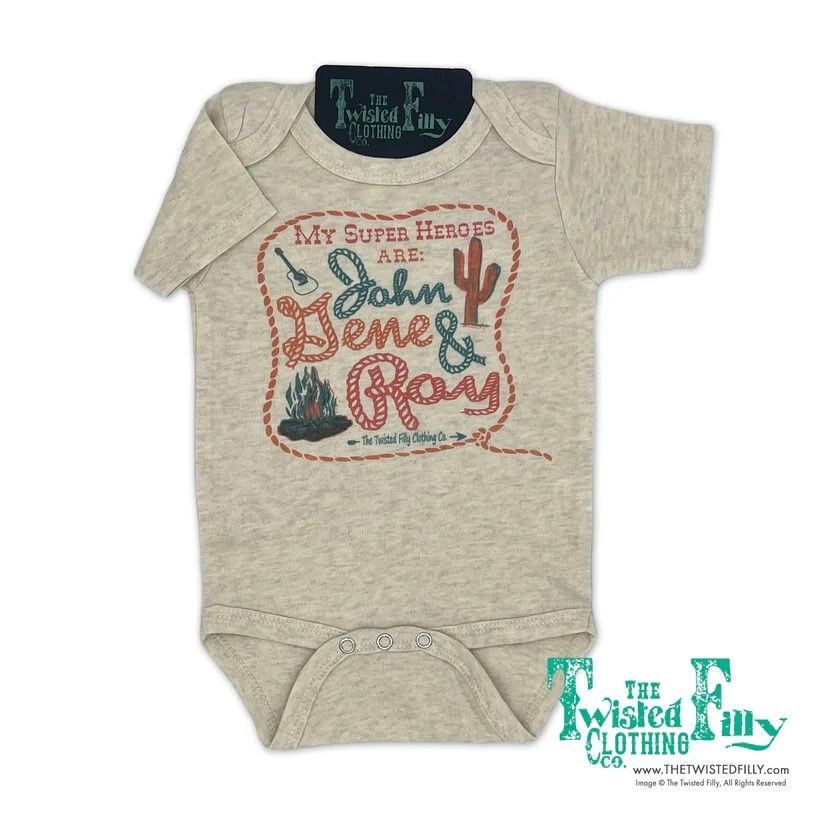 THE TWISTED FILLY INFANT SHORT SLEEVE MY SUPER HERO'S ARE JOHN GENE &amp; ROY ONESIE - OATMEAL