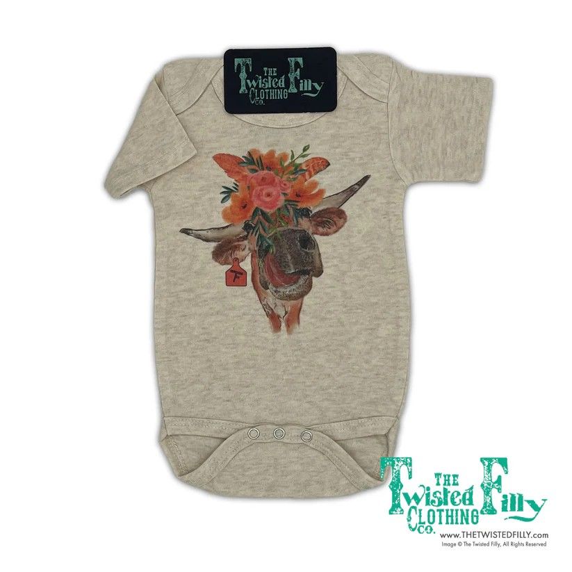 THE TWISTED FILLY INFANT GIRLS' SHORT SLEEVE FLOWER CHILD ONESIE - OATMEAL
