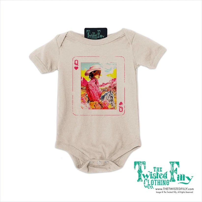 THE TWISTED FILLY INFANT GIRLS' SHORT SLEEVE QUEEN OF HEARTS ONESIE - SAND