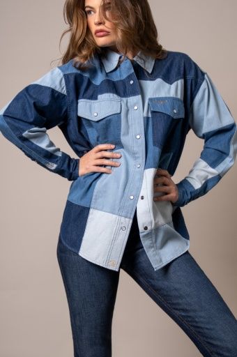 KIMES RANCH WOMEN'S LONG SLEEVE OLLY DENIM PATCHWORK PEARL SNAP SHIRT - INDIGO, COLOR: INDIGO, SIZE: SMALL