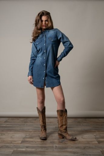 KIMES RANCH WOMEN'S LONG SLEEVE JORDI PEARL SNAP DENIM DRESS - MINI STRIPE, COLOR: MINI STRIPE, SIZE: SMALL