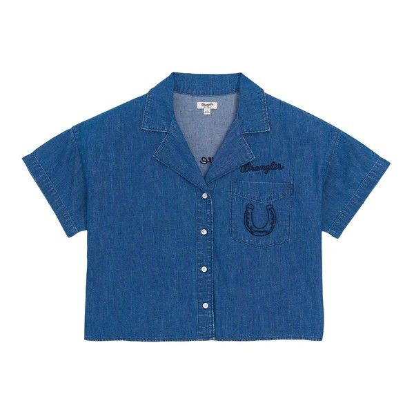 WRANGLER WOMEN'S SHORT SLEEVE RETRO PUNCHY DENIM CAMP SHIRT - LIGHT DENIM