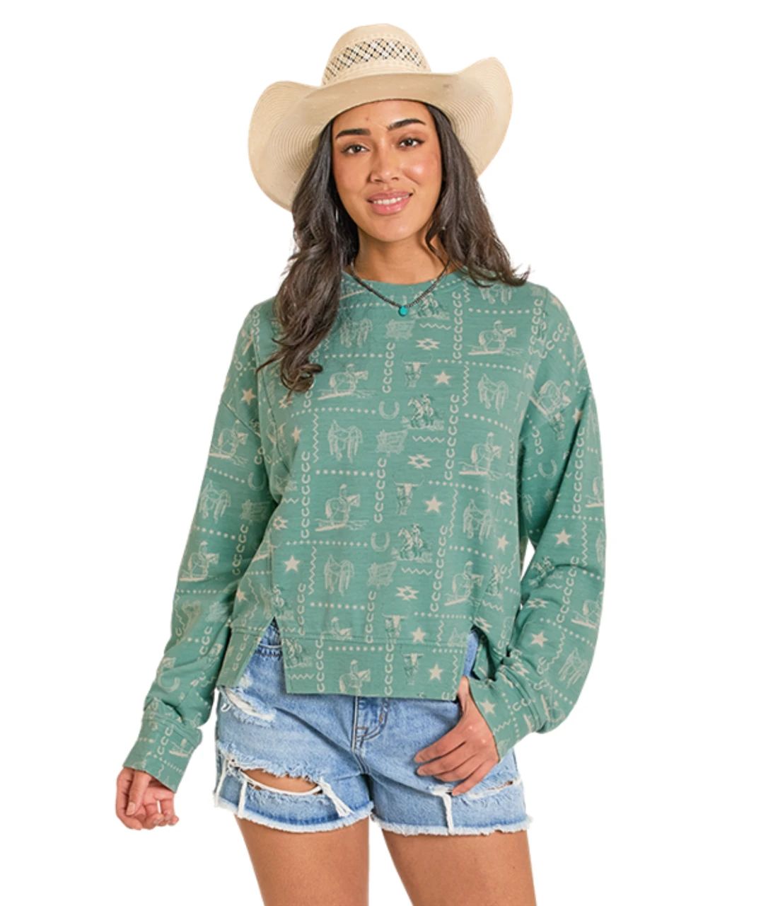 ROCK &amp; ROLL DENIM WOMEN'S LONG SLEEVE CONVERSATIONAL PRINT CREW SHIRT - TURQUOISE