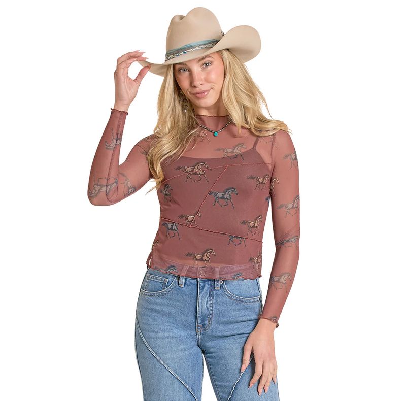 ROCK &amp; ROLL DENIM WOMEN'S LONG SLEEVE HORSE PRINT MESH TOP - RUST