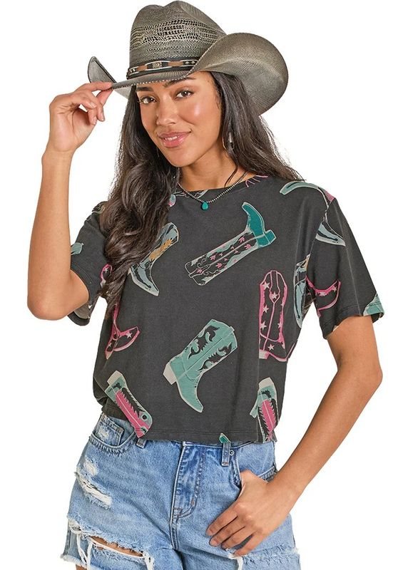 ROCK &amp; ROLL DENIM WOMEN'S SHORT SLEEVE BOOT PRINT TEE SHIRT - BLACK