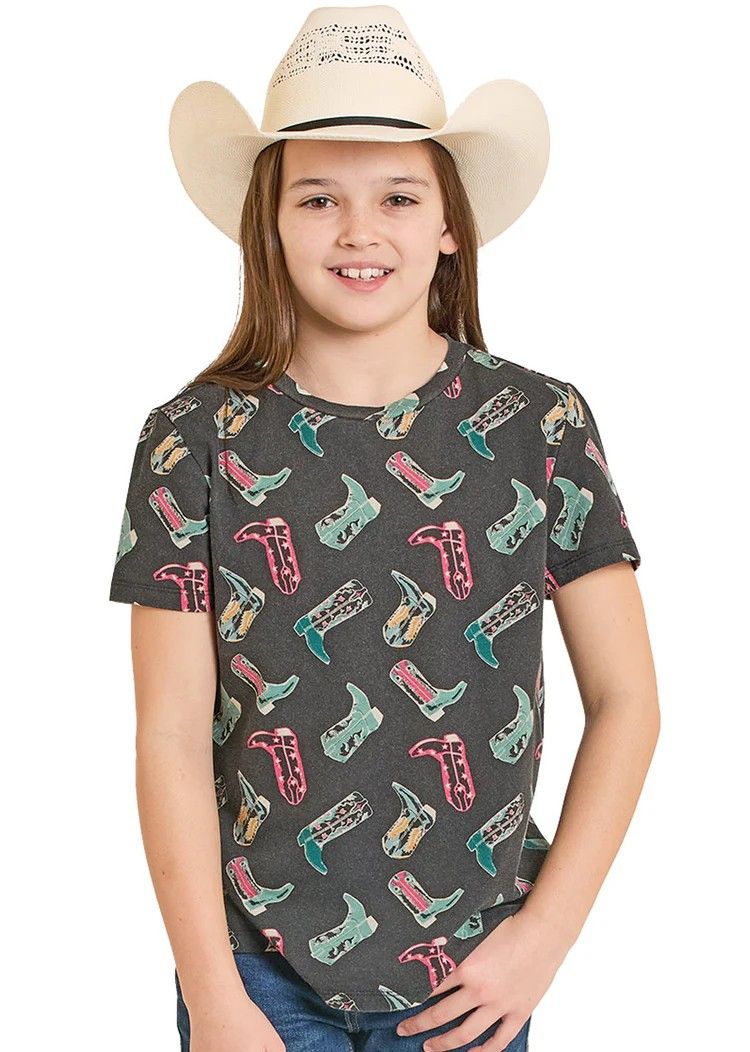 ROCK &amp; ROLL DENIM GIRLS' SHORT SLEEVE BOOT PRINT TEE SHIRT - BLACK