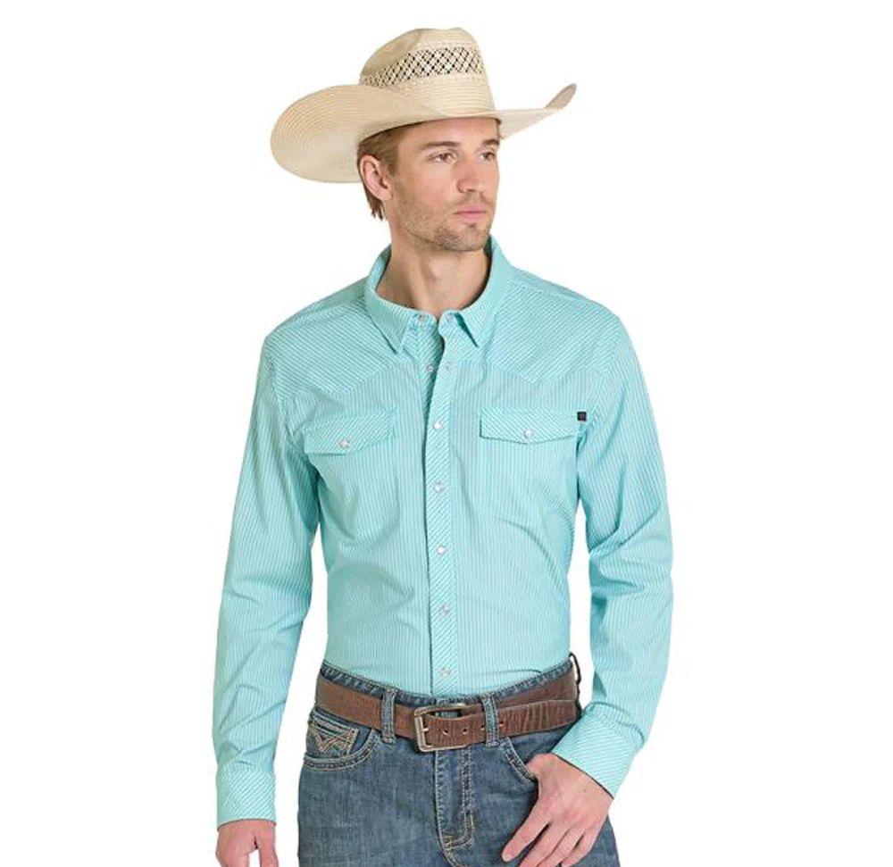 ROCK &amp; ROLL DENIM MEN'S LONG SLEEVE TEK CORE STRIPED PEARL SNAP SHIRT - TURQUOISE