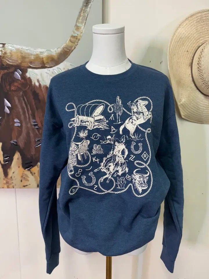ROCKIN' A DESIGN WOMEN'S WESTERN ICONS HEATHER CREWNECK SWEATSHIRT - DENIM BLUE