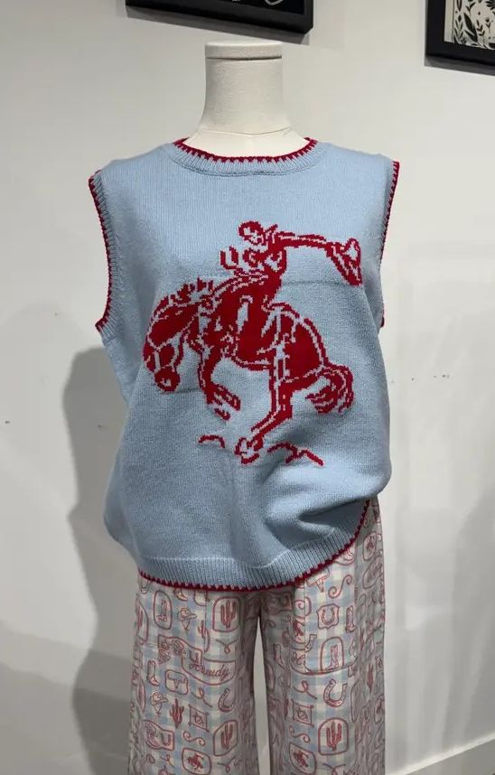 ROCKIN' A DESIGN WOMEN'S HATS OFF TO THE COWBOY BRONC RIDER SWEATER VEST - RED/BLUE