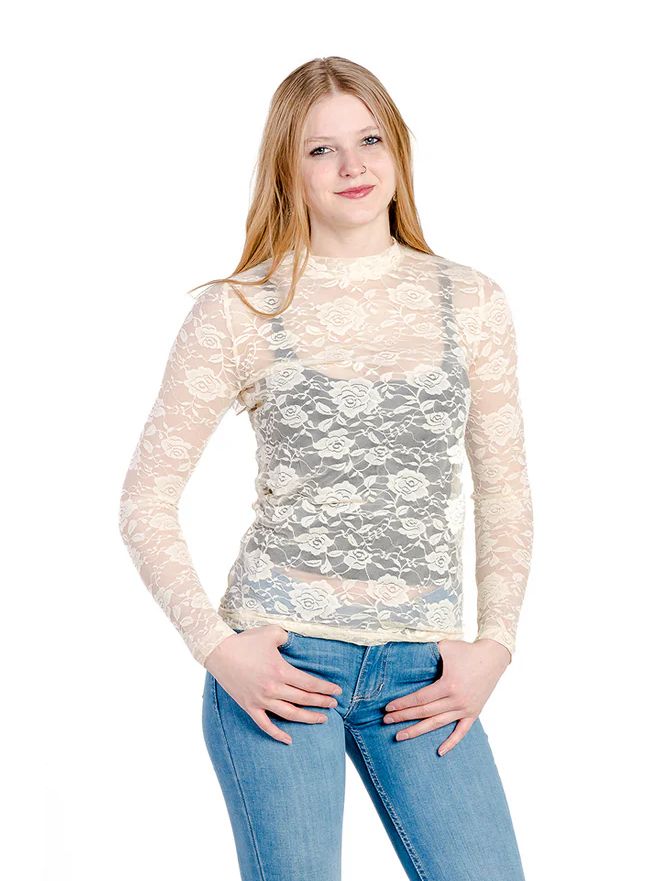 ROCKIN' A DESIGN WOMEN'S LONG SLEEVE FLORAL LACE MESH LAYERING SHIRT - CREAM