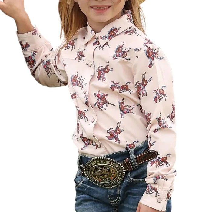 CRUEL DENIM GIRLS' LONG SLEEVE WESTERN PRINT PEARL SNAP SHIRT - PINK