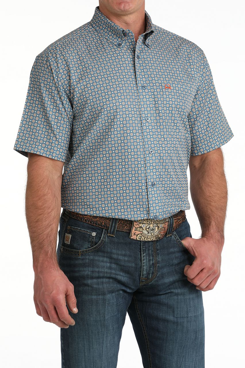 CINCH MEN'S SHORT SLEEVE ARENAFLEX CIRCULAR PRINT BUTTON SHIRT - BLUE