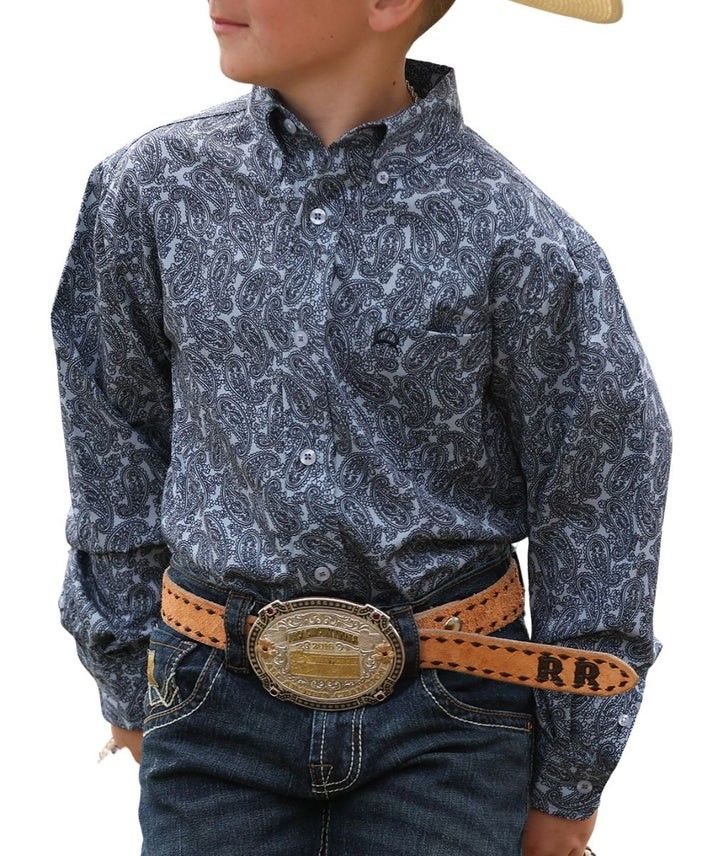CINCH BOYS' LONG SLEEVE ARENAFLEX PAISLEY PRINT BUTTON SHIRT - LIGHT BLUE