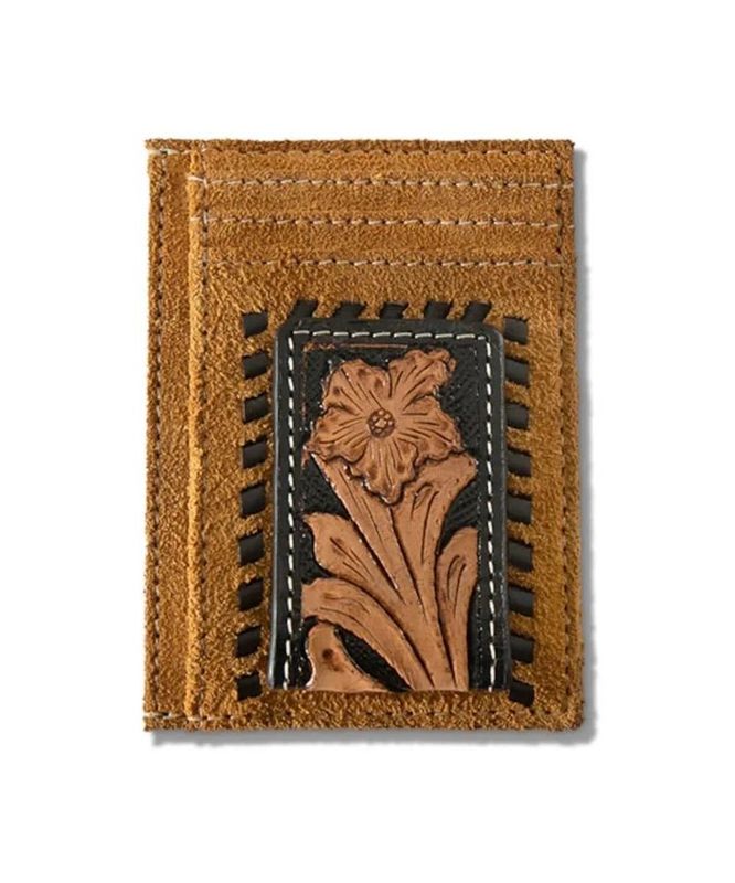 ARIAT LEATHER ROUGHOUT FLORAL INLAY MONEY CLIP WALLET