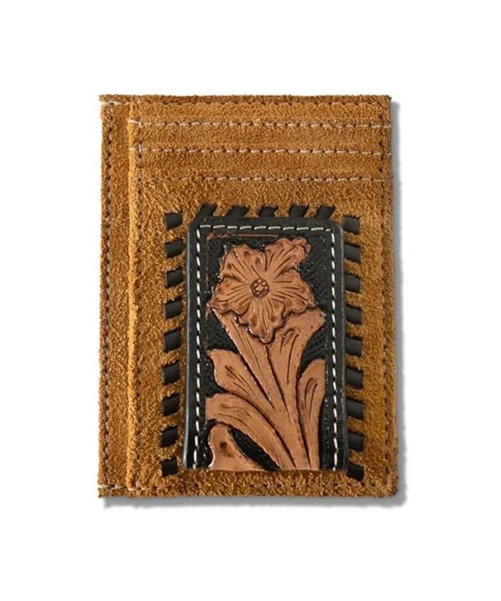 ARIAT LEATHER ROUGHOUT FLORAL INLAY MONEY CLIP WALLET