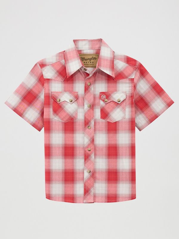 WRANGLER BOYS' RETRO SHORT SLEEVE PEARL SNAP SHIRT - RED PLAID