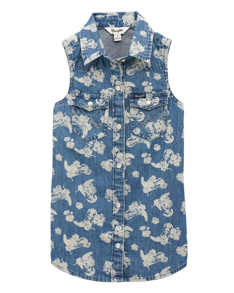 WRANGLER GIRLS' SLEEVELESS DENIM PEARL SNAP SHIRT - LIGHT DENIM