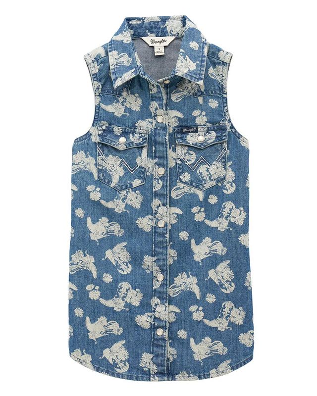 WRANGLER GIRLS' SLEEVELESS DENIM PEARL SNAP SHIRT - LIGHT DENIM