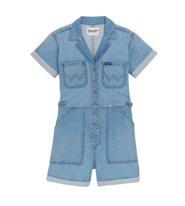 WRANGLER WOMEN'S RETRO PUNCHY DENIM SNAP ROMPER - LIGHT DENIM