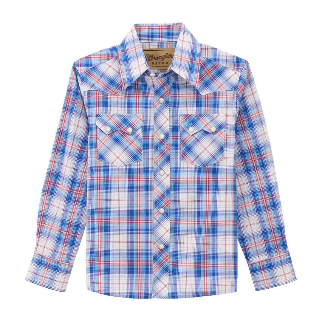 WRANGLER BOYS' RETRO LONG SLEEVE PEARL SNAP SHIRT - BLUE/RED PLAID