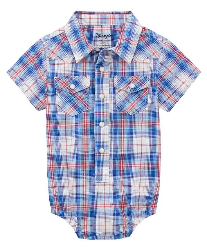 WRANGLER INFANT BOYS' SHORT SLEEVE PEARL SNAP ONESIE - BLUE/RED PLAID